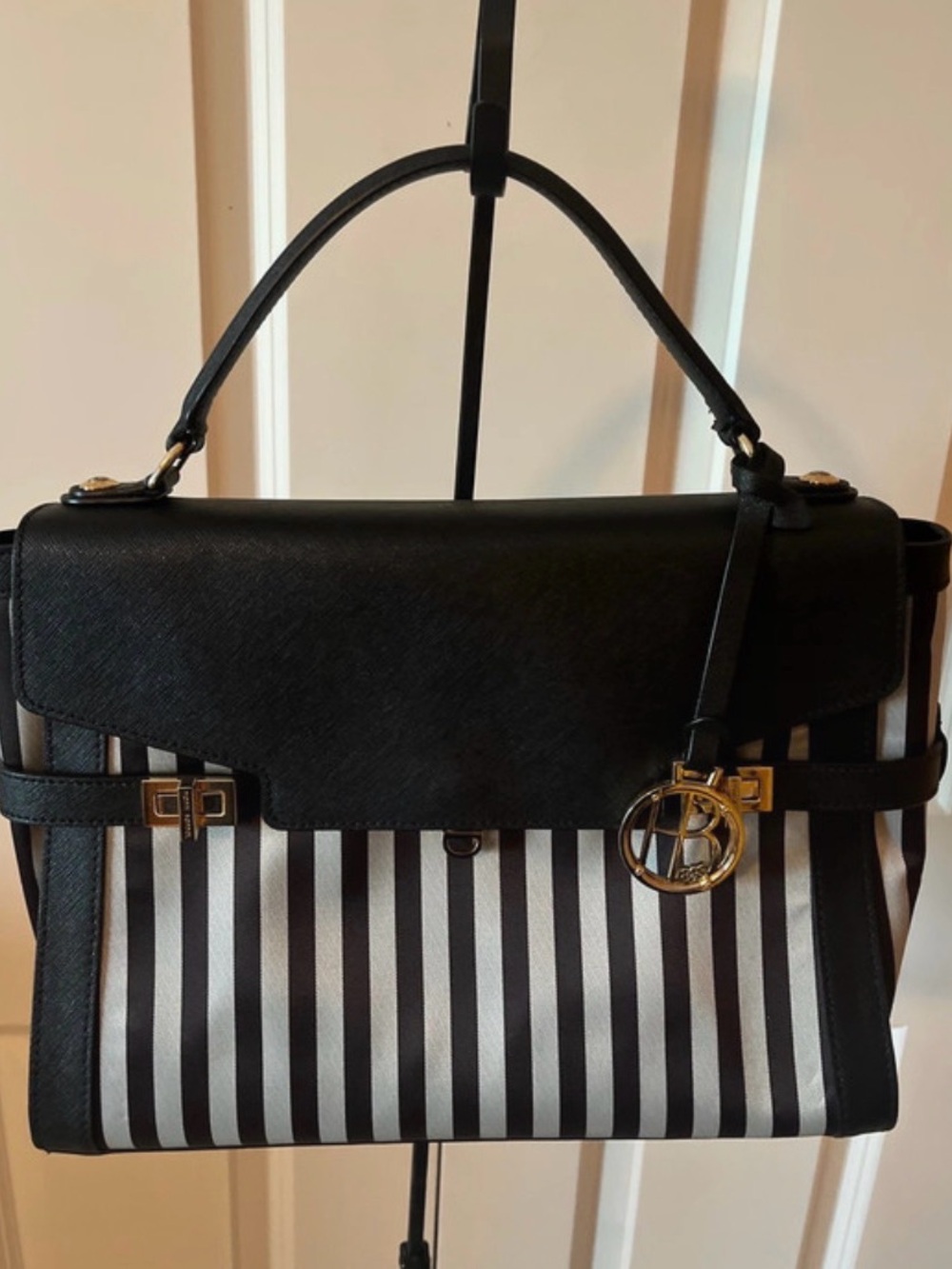 henri bendel Striped Top-Handle Satchel with Gold hardware